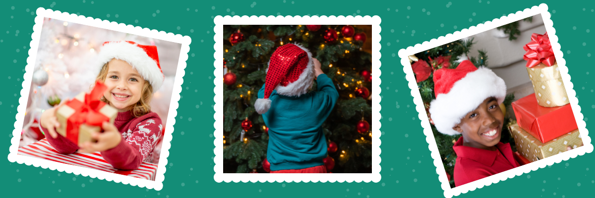 Three children in Santa hats with Christmas presents.