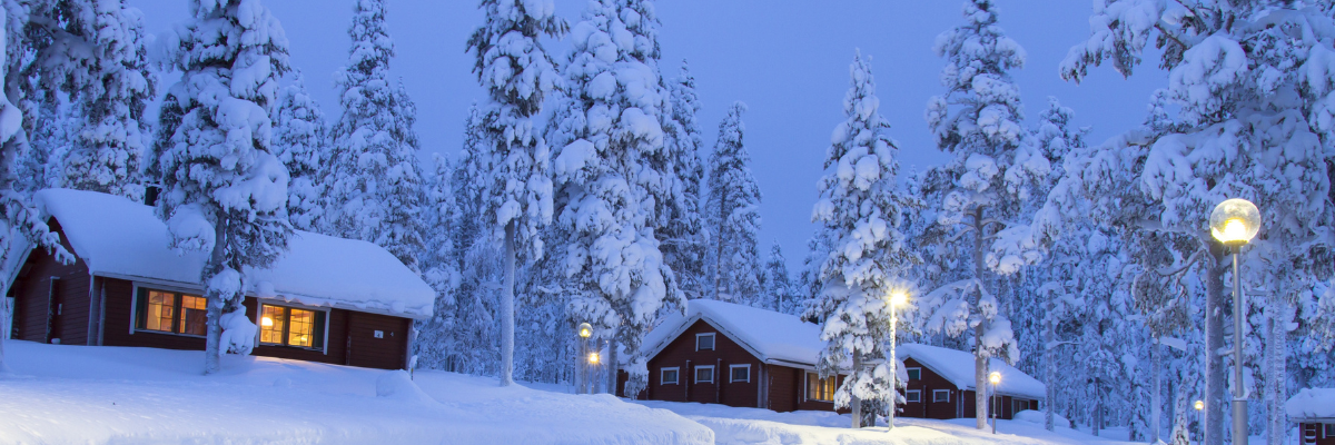 Cosy lodges in a snowy landscape