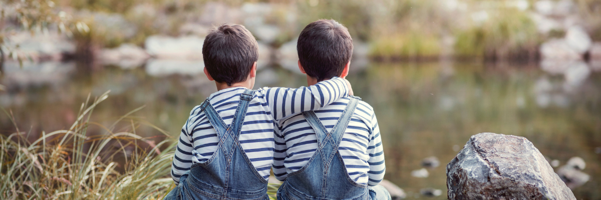 brothers wearing the same outfit looking away from the camera